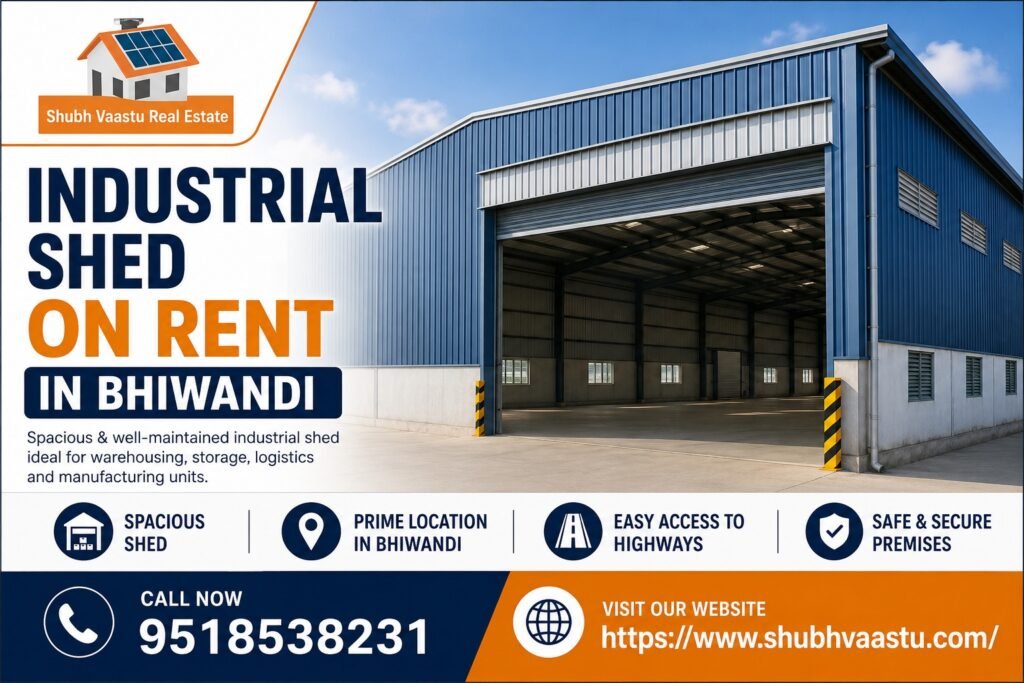 Industrial Shed on Rent in Bhiwandi with spacious warehouse space for industrial and commercial use.